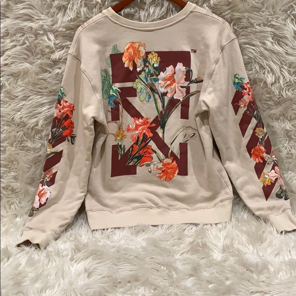 Off-White Cream Crewneck Sweater with Floral Sleeve Graphics